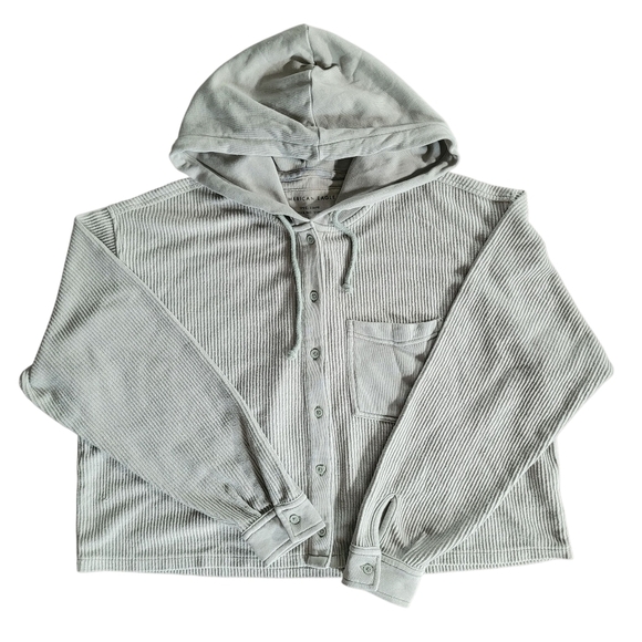 American Eagle Sage Green Ribbed Knit Button-up Cropped Hoodie Shacket Wmns M - Picture 1 of 14